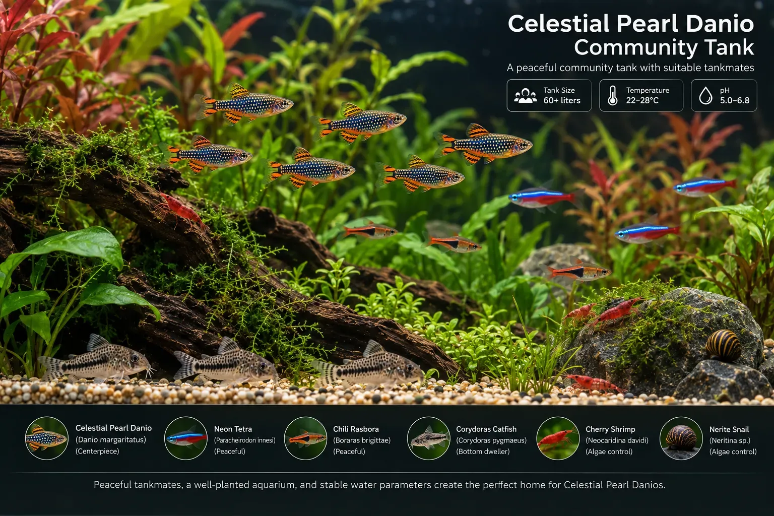 Celestial pearl danios swimming with peaceful nano fish in a community aquarium
