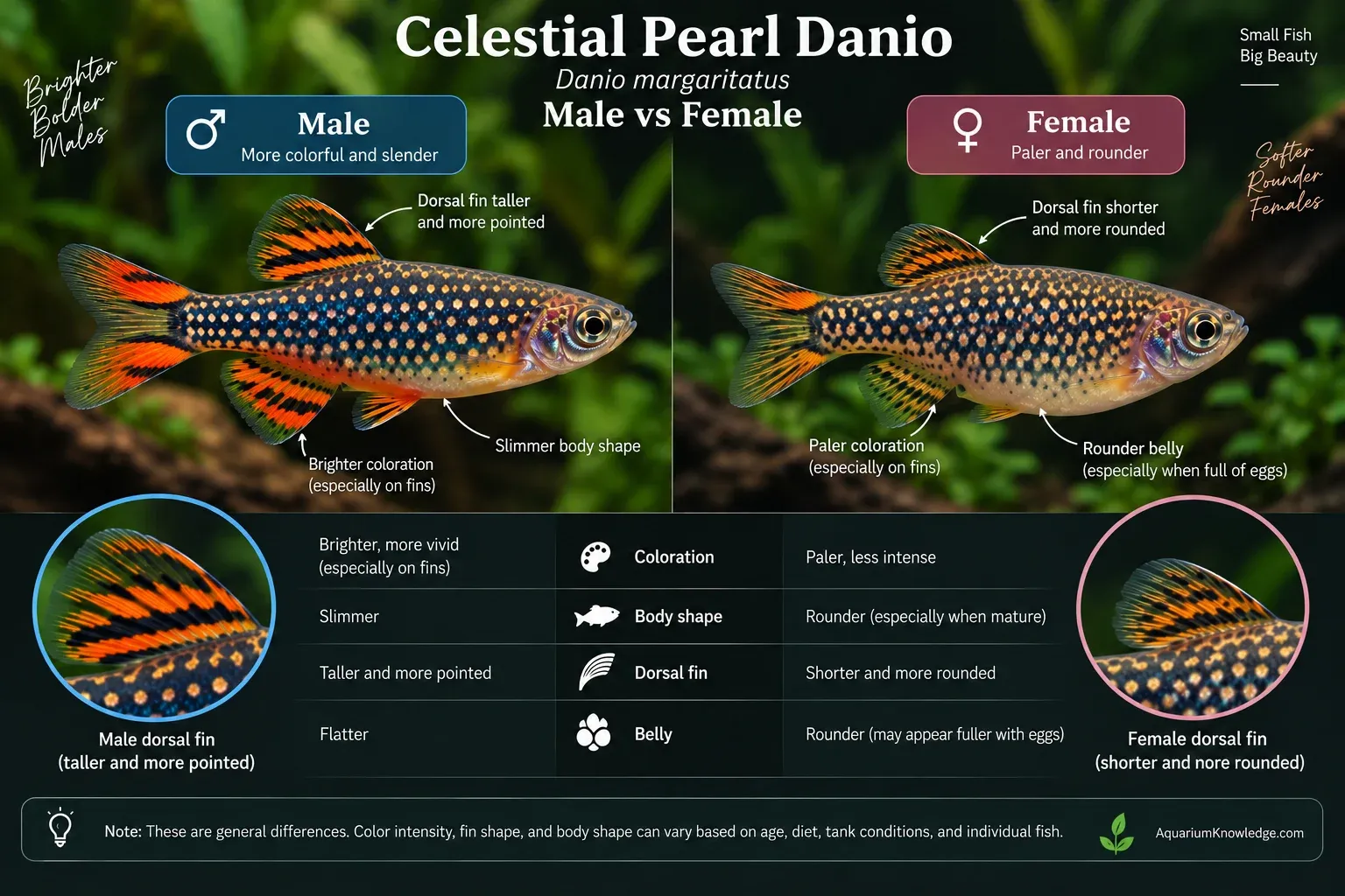 Male and female celestial pearl danio showing differences in coloration and body shape