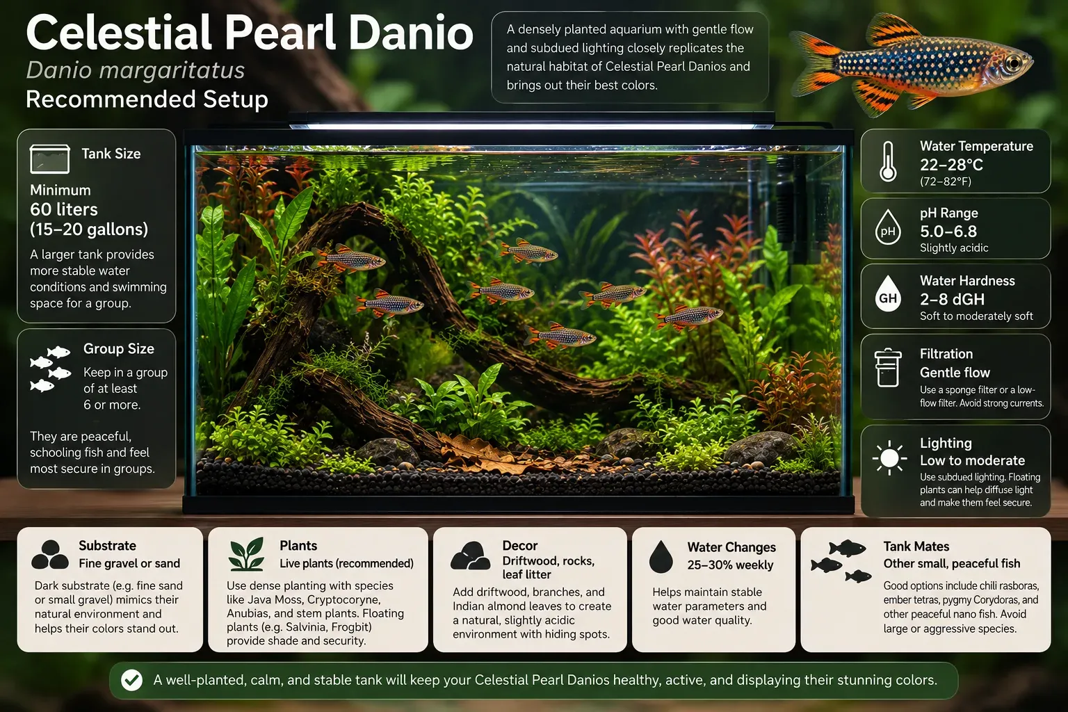 Heavily planted aquarium suited to a school of celestial pearl danios