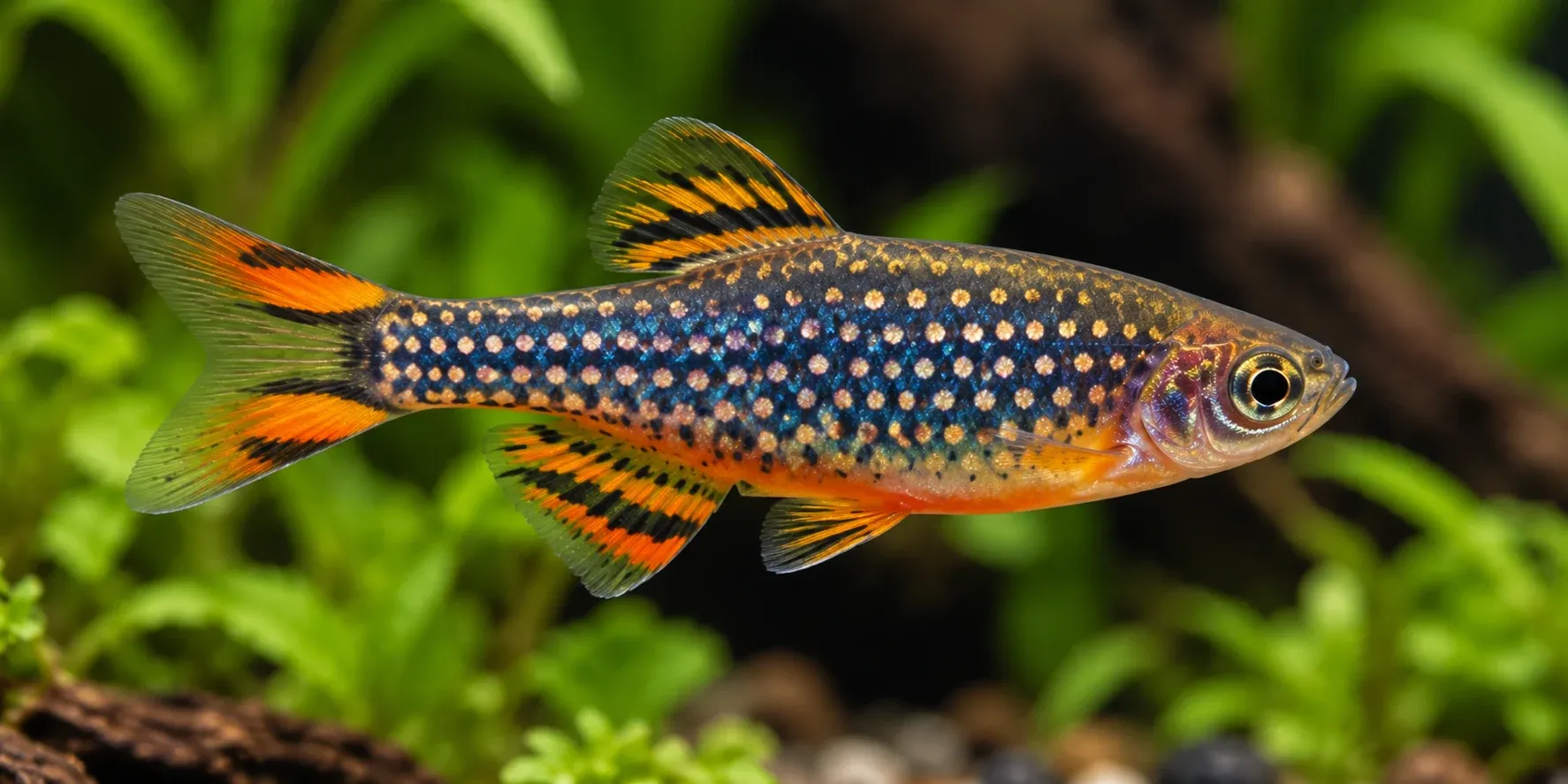 Celestial pearl danio swimming in a planted aquarium