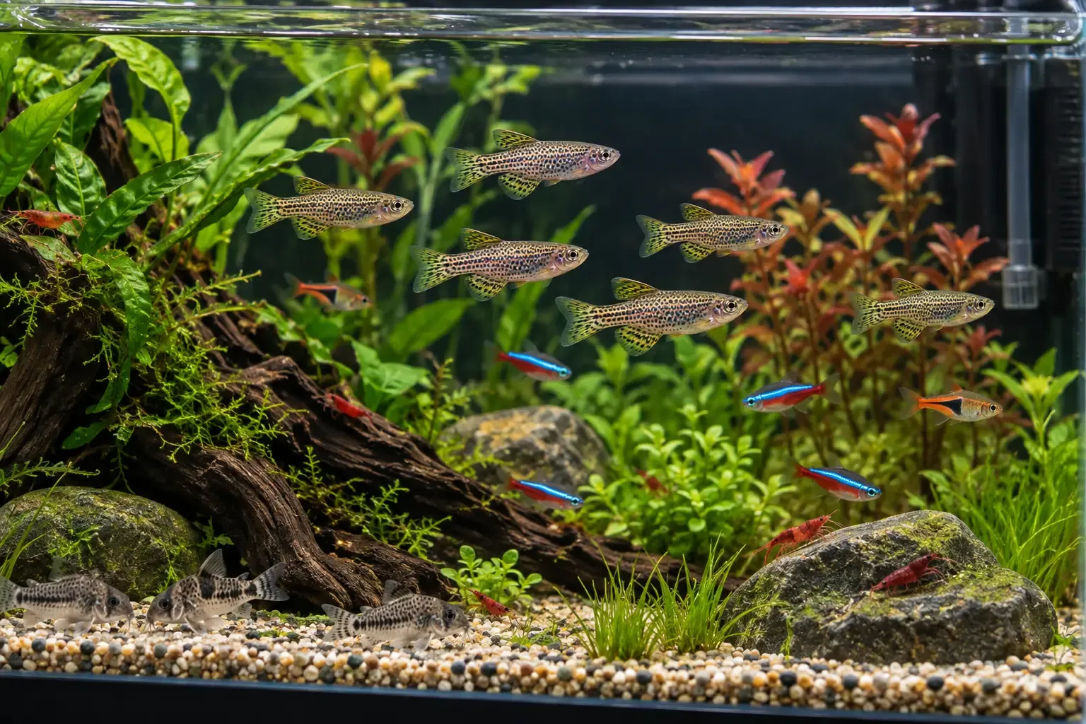Pearl danios swimming with peaceful community fish in an aquarium