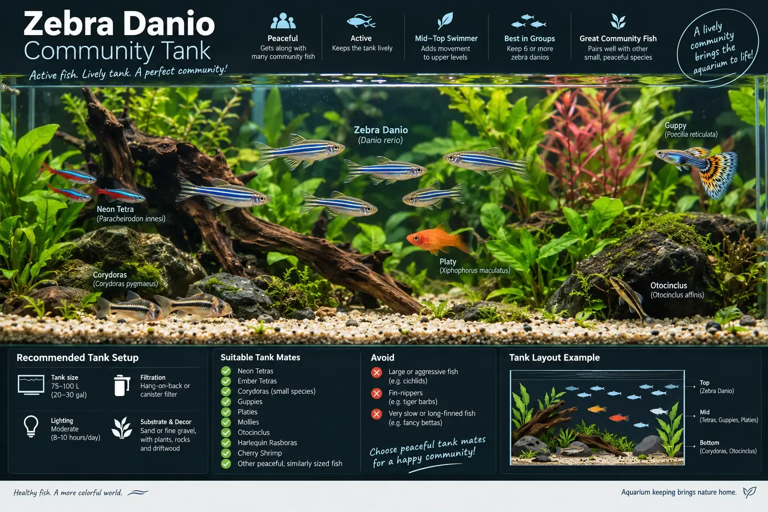 Zebra danios swimming alongside rasboras and corydoras in a community tank
