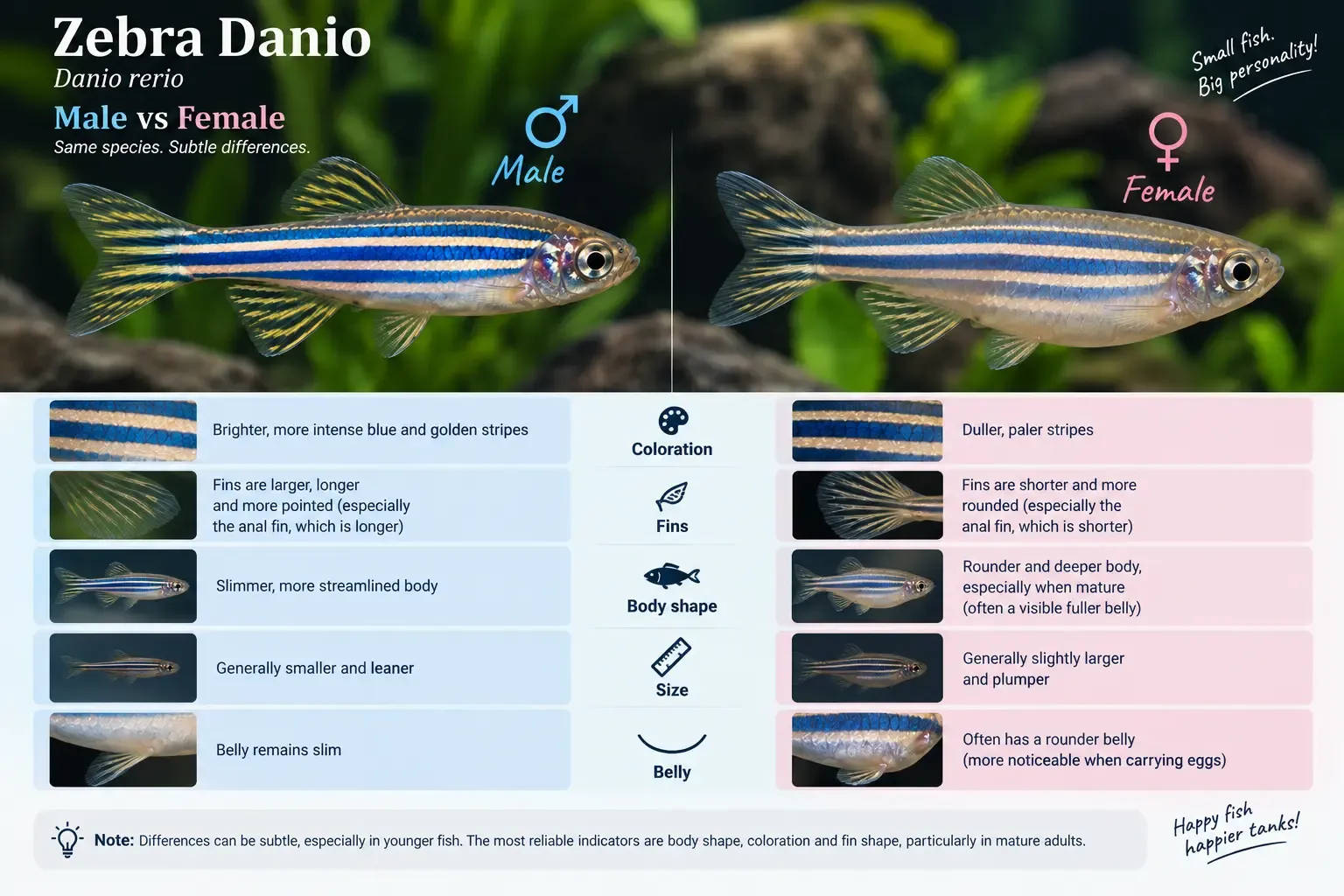 Slimmer male zebra danio beside a rounder-bodied female