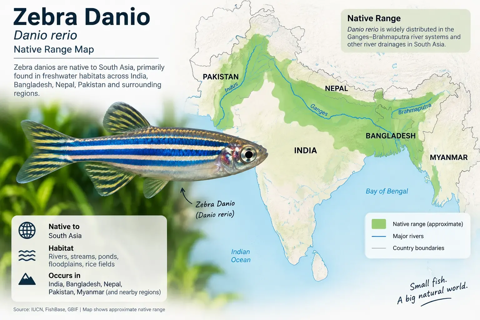 Map of South Asia highlighting the native range of the zebra danio