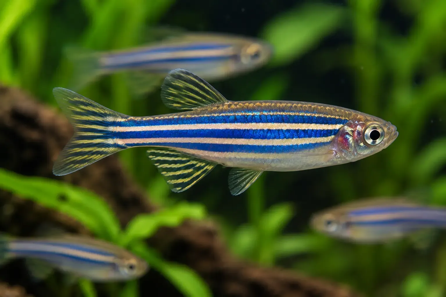 Zebra danio swimming in a planted aquarium